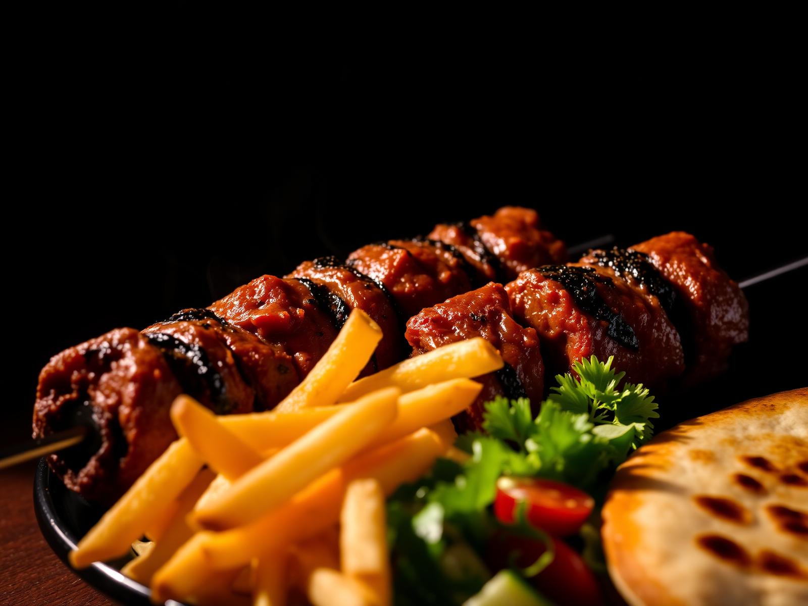 Freshly grilled Turkish kebab plate with fries and salad
